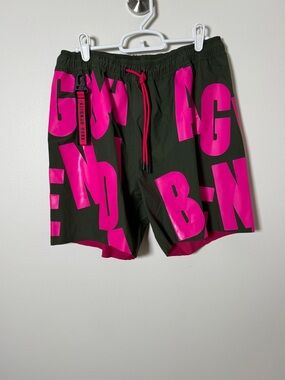 Agua Bendita Neon Pink Logo Swim Trunks Men’s 34 Green Graphic NWT Statement